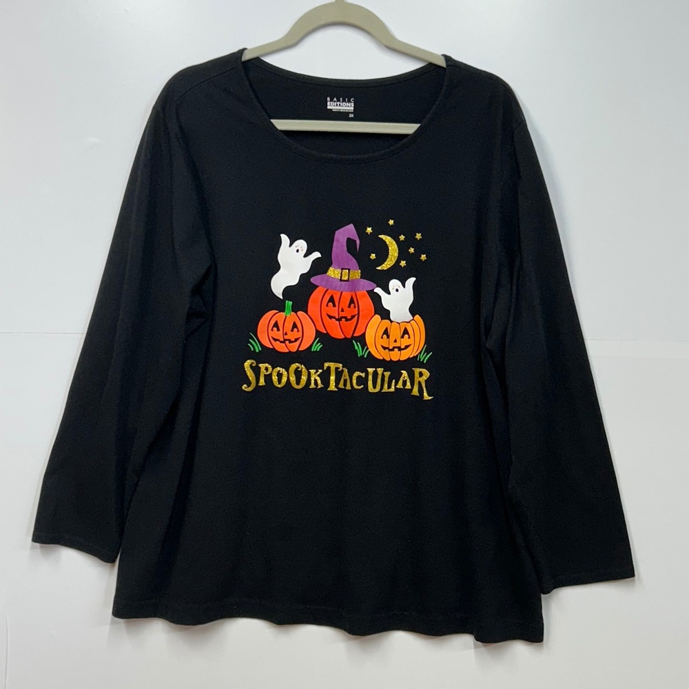 Basic Editions Halloween Spooktacular Black Long Sleeve Graphic Tee Womens 3X